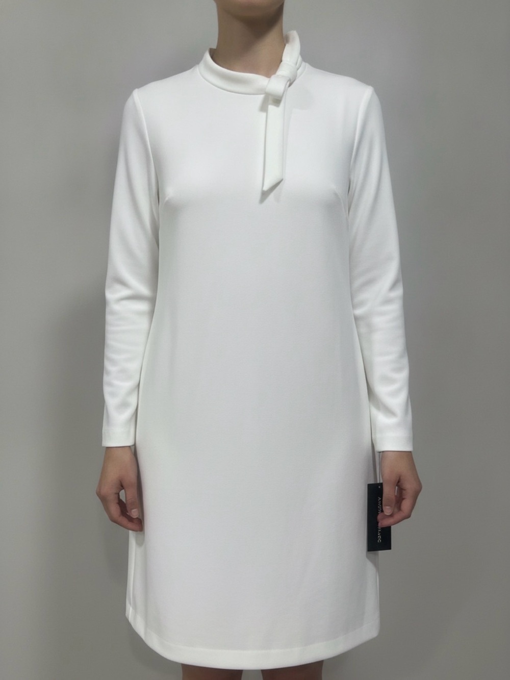 Andrew Marc White Long-Sleeve Tie-Neck Shift Dress